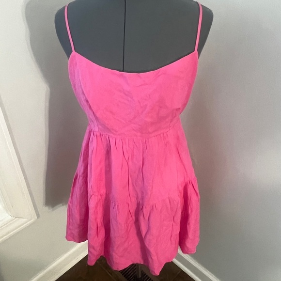 Bardot Sz M Bubblegum Pink Amelie Linen Blend Tiered Mini Dress w/ Bow NWOT - Picture 2 of 15